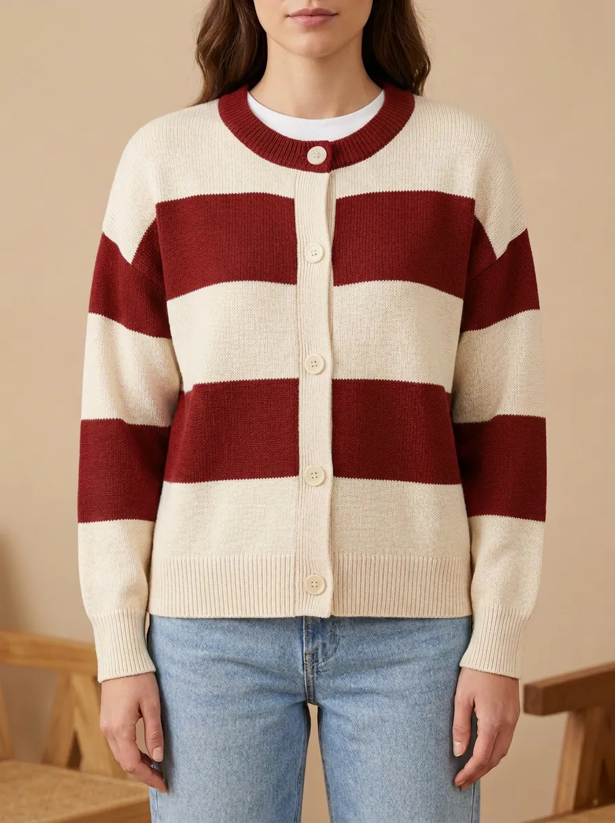 Refined Distinctive Rugby Striped Knit Cardigan