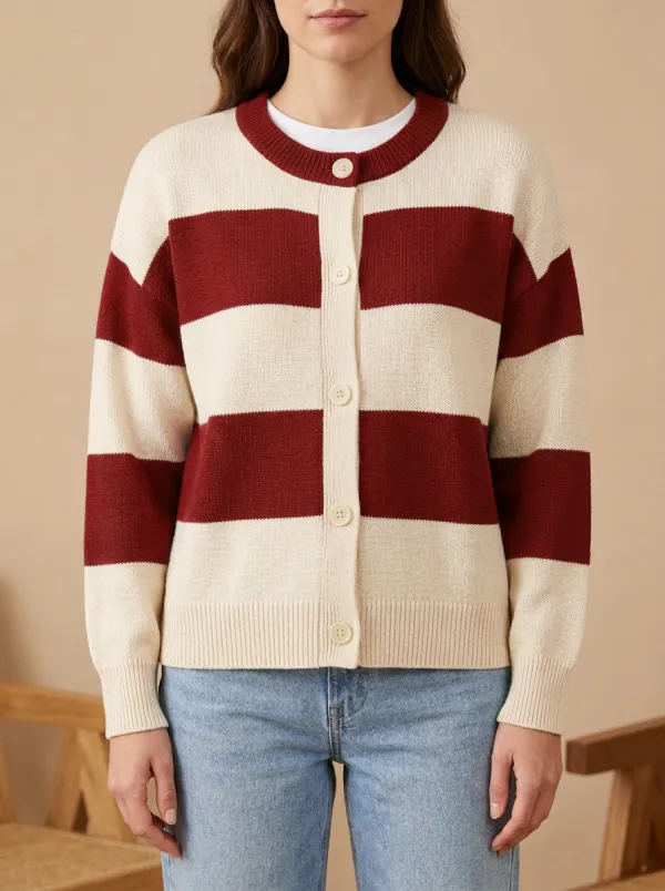 Refined Distinctive Rugby Striped Knit Cardigan