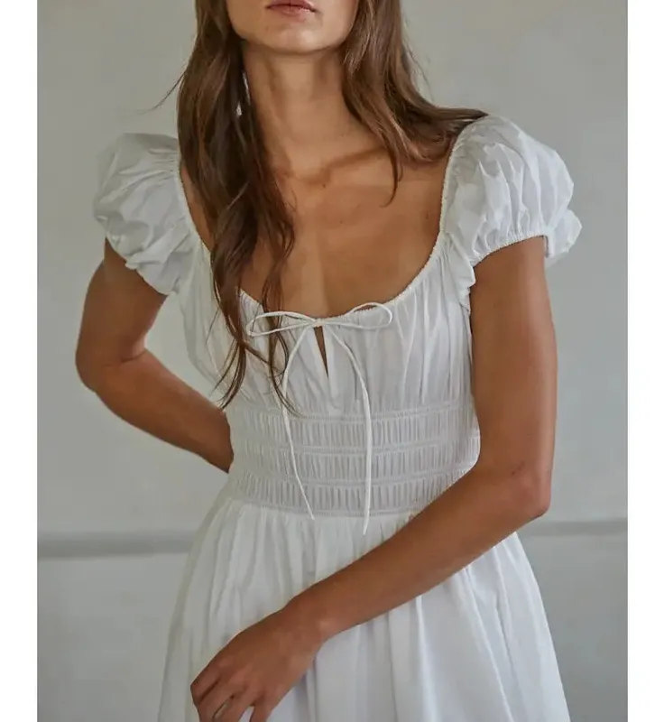 White Cotton Blend Woven Relaxed Dress