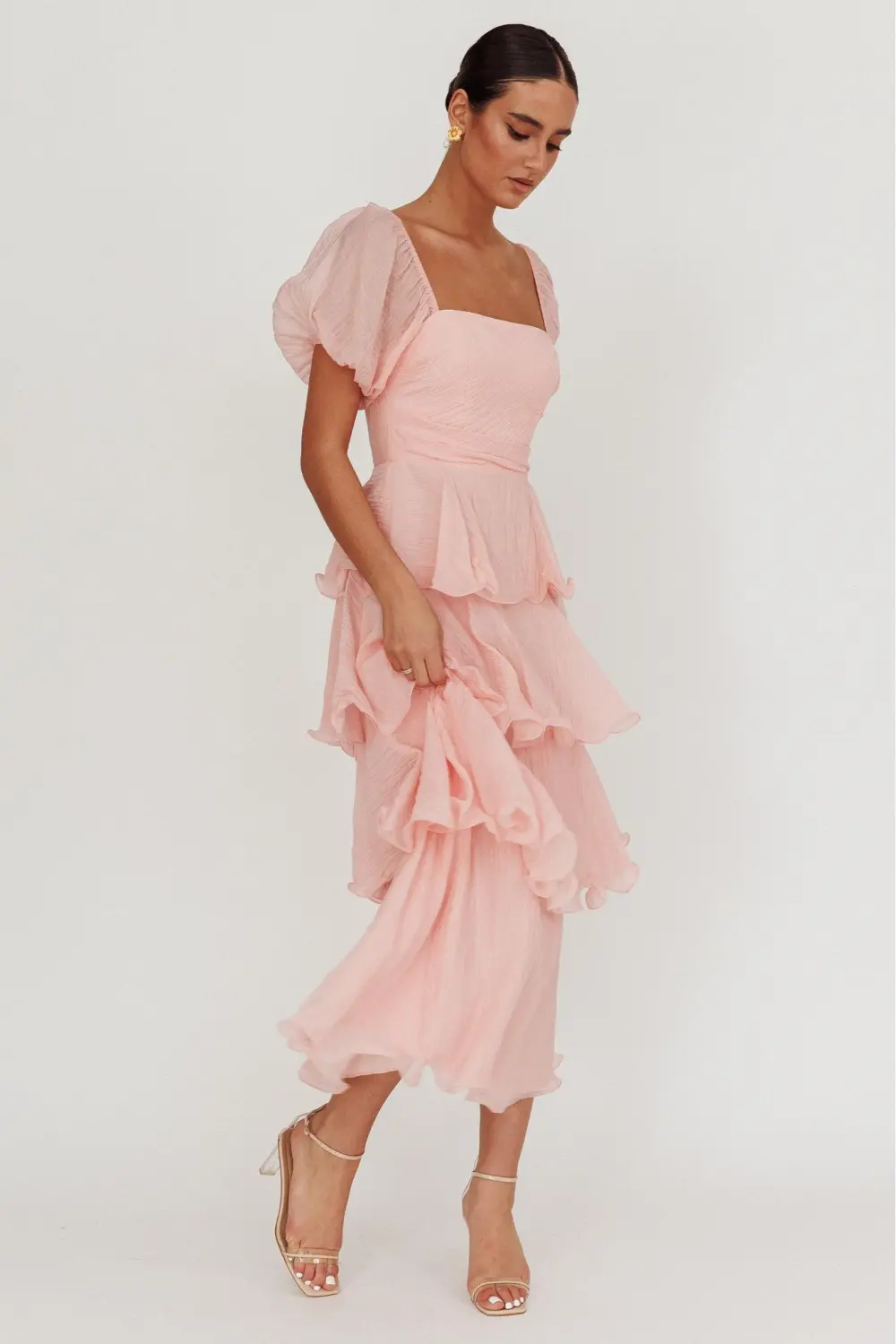 Chiffon Ruffle Square Collar Midi Dress