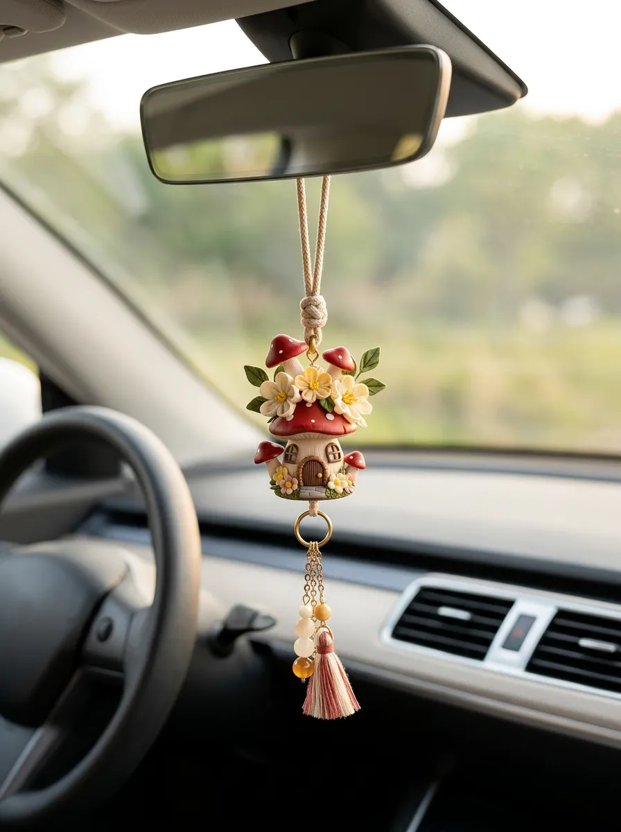 Tassel Mushroom Floral House Rearview Mirror Hanging Ornament