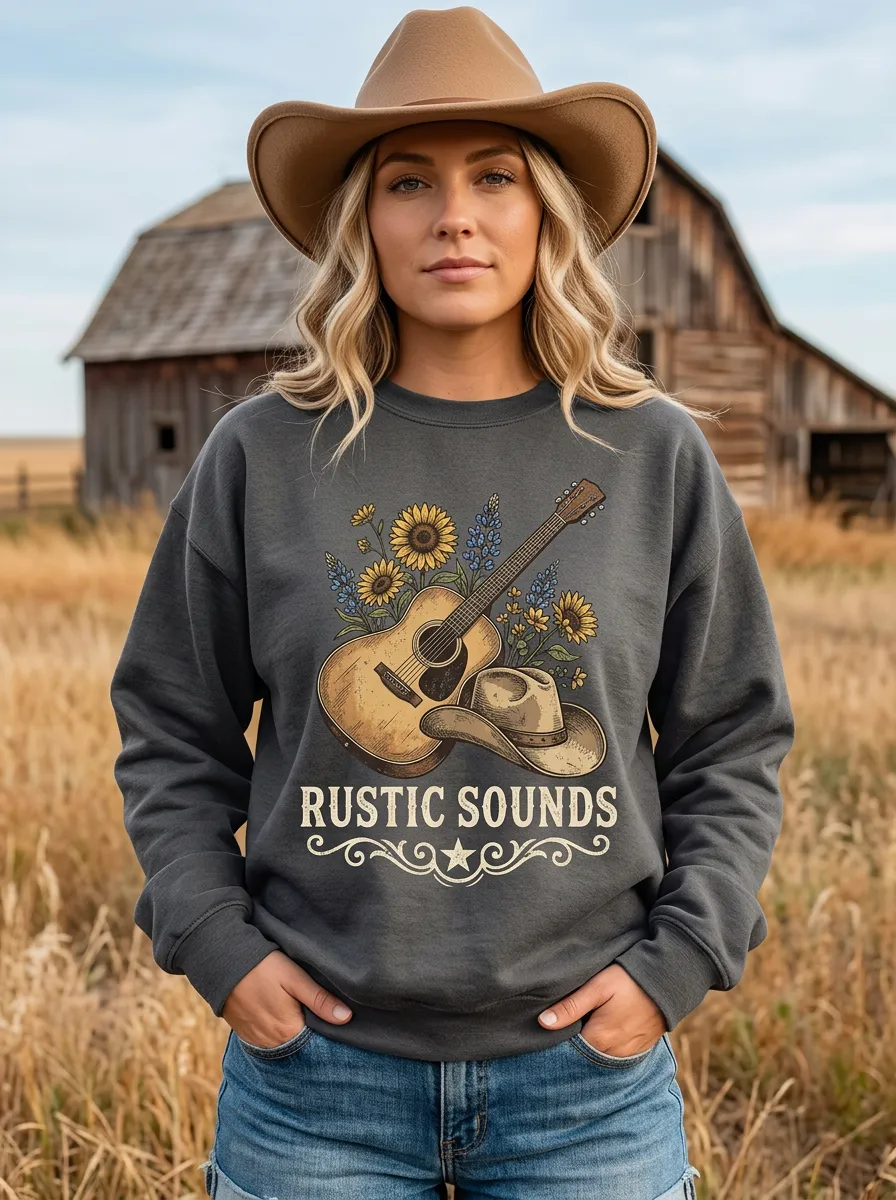 Guitar Cowboy-Hat Sunflower Women's Country Music Crew Neck Sweatshirt
