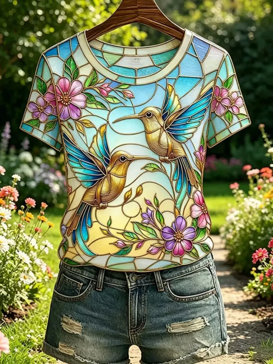 Women's Floral Hummingbird Print Casual T-Shirt