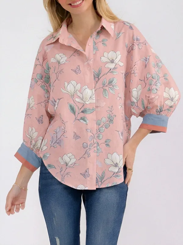 Women's Floral Hummingbird Butterfly Printed Button-Down Shirt