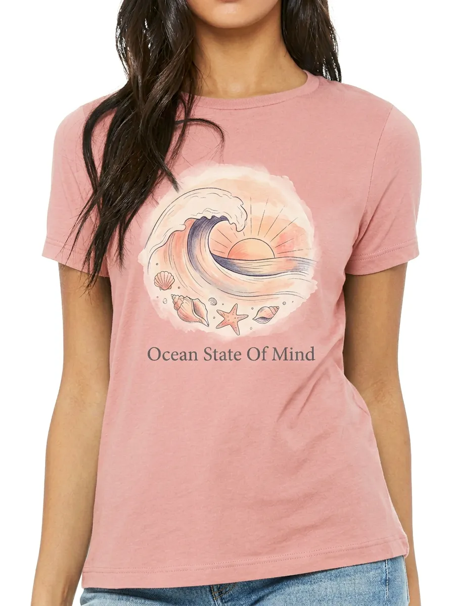 Women's Beach Lover Ocean State Of Mind Wave Seashell Printed T-shirt