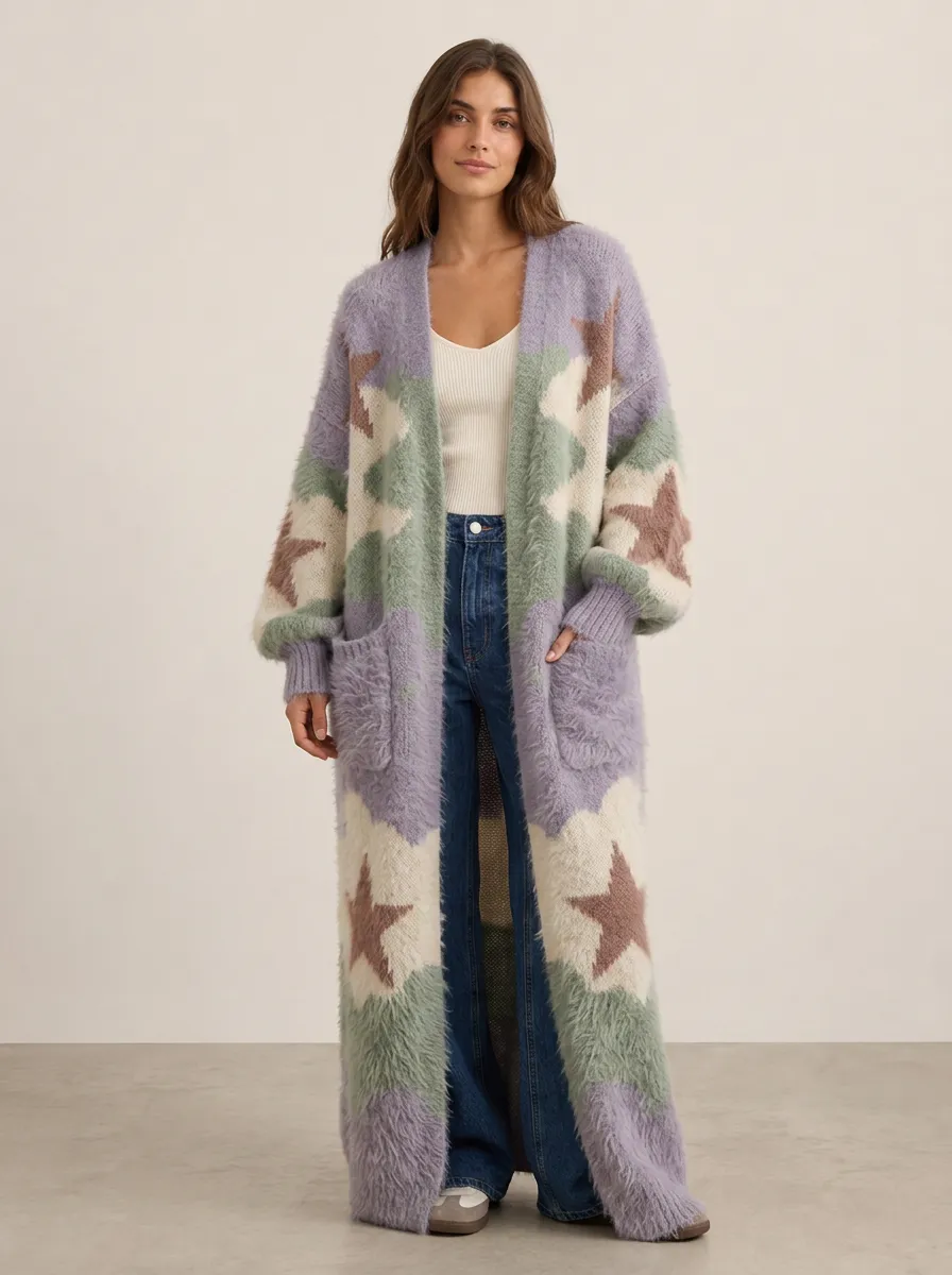 Women's Star Pattern Fuzzy Knit Long Cardigan Sweater