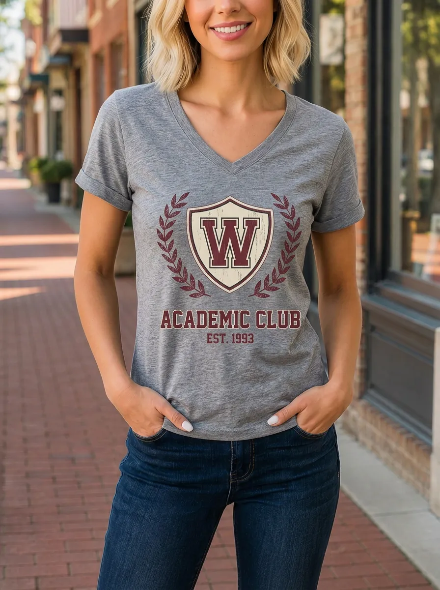 Women's Academic Club W Shield Logo Printed V-neck T-shirt