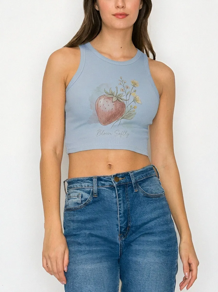 Women's Botanical Strawberry Bloom Softly Printed Crop Top