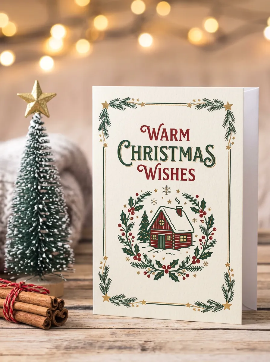 Christmas Cabin Wreath Greeting Card
