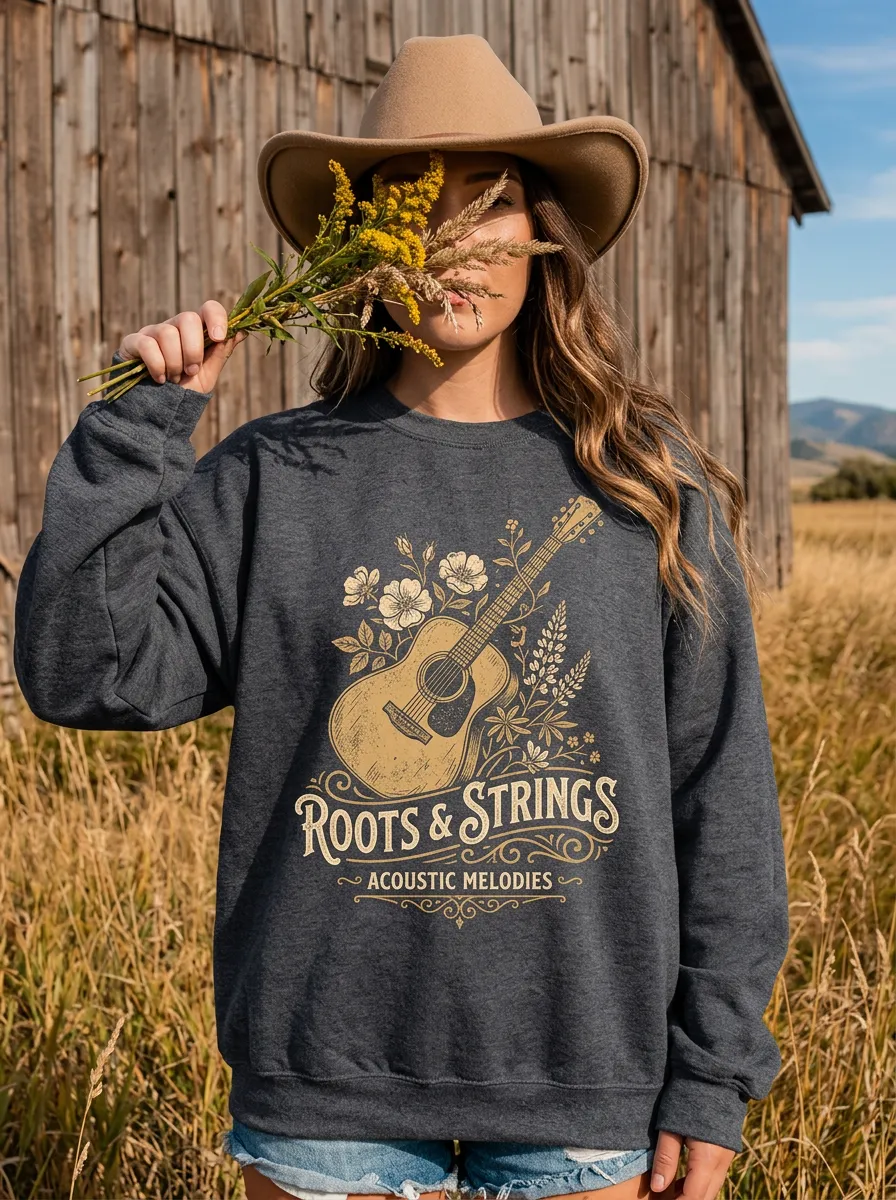 Country Music Acoustic Guitar Floral Crew Neck Sweatshirt