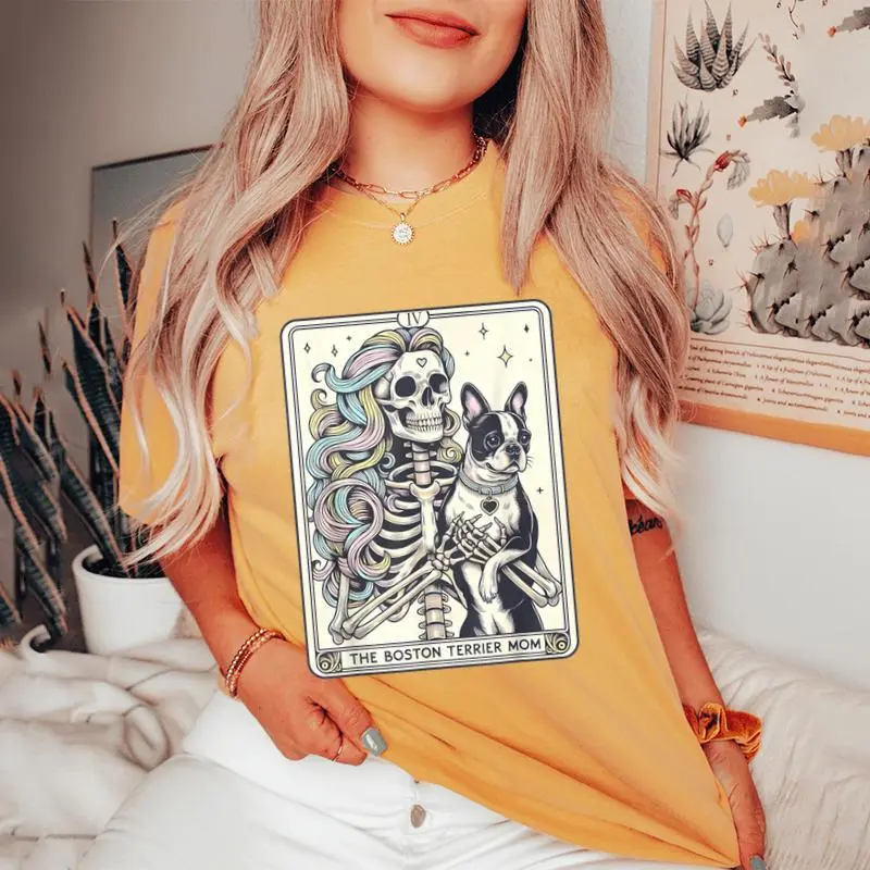 Retro Boston Terrier Mom Tarot Card Skeleton Dog Mama Women's Oversized Comfort T-Shirt
