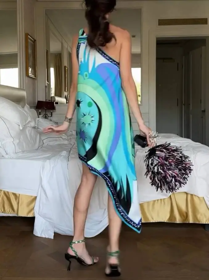 One Shoulder Irregular Print Midi Dress