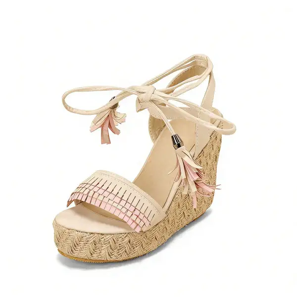 Straw Platform Fringe Lace Up Wedge Heel Sandals