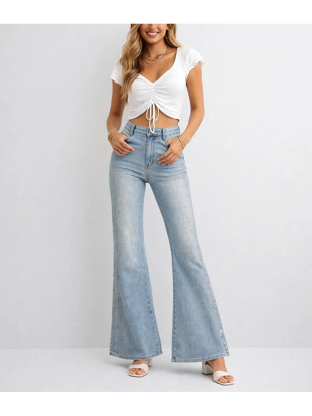 Rhinestone Stud Button Fly Flared Leg Denim Pants