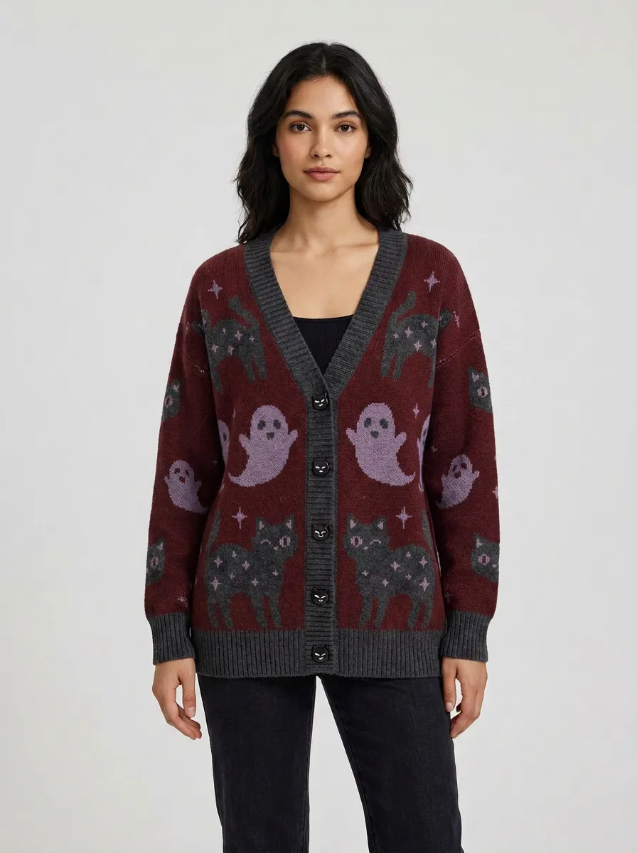 Women's Spooky Ghost and Black Cat Halloween Knit Cardigan