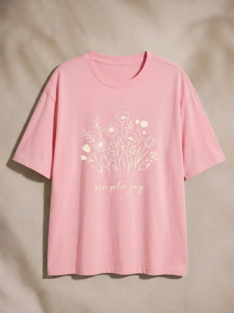 Women's Simple Joy Floral Bouquet Line Art Printed T-shirt