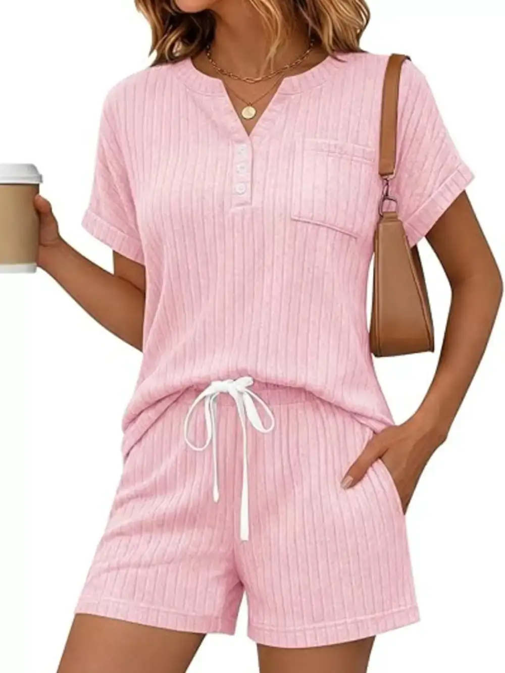Casual Ribbed Knit Tee Shorts Set