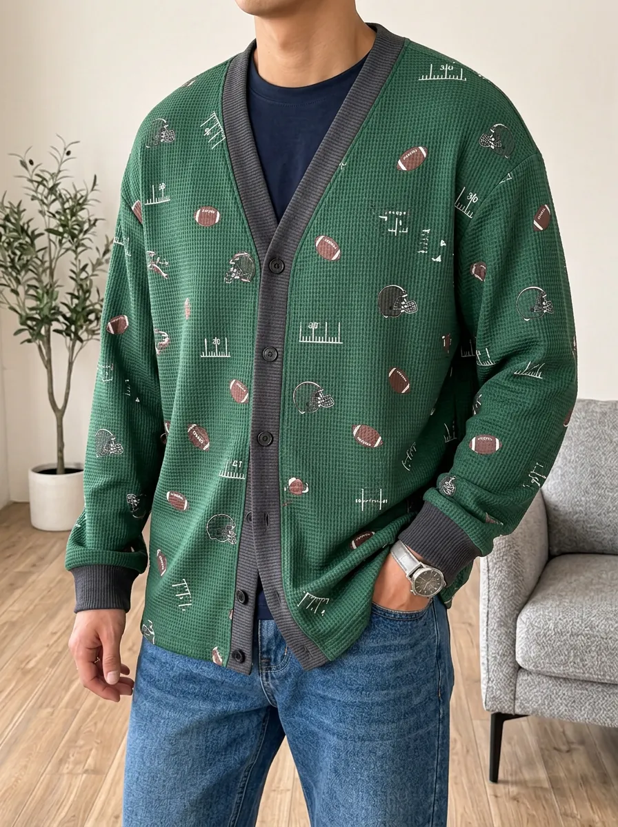 Men's Football Fan Helmet Ball Pattern Printed Waffle Cardigan