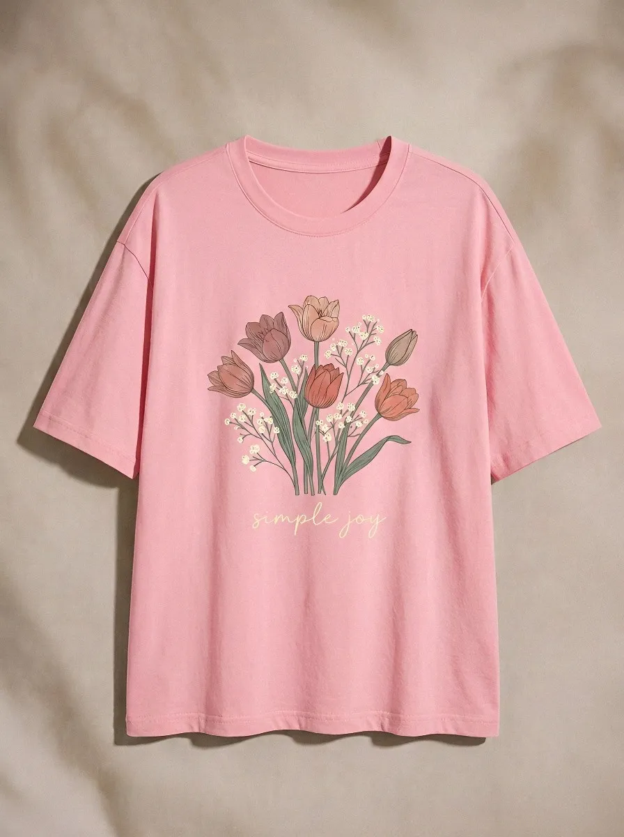 Women's Floral Lover Simple Joy Tulip Bouquet Printed T-shirt
