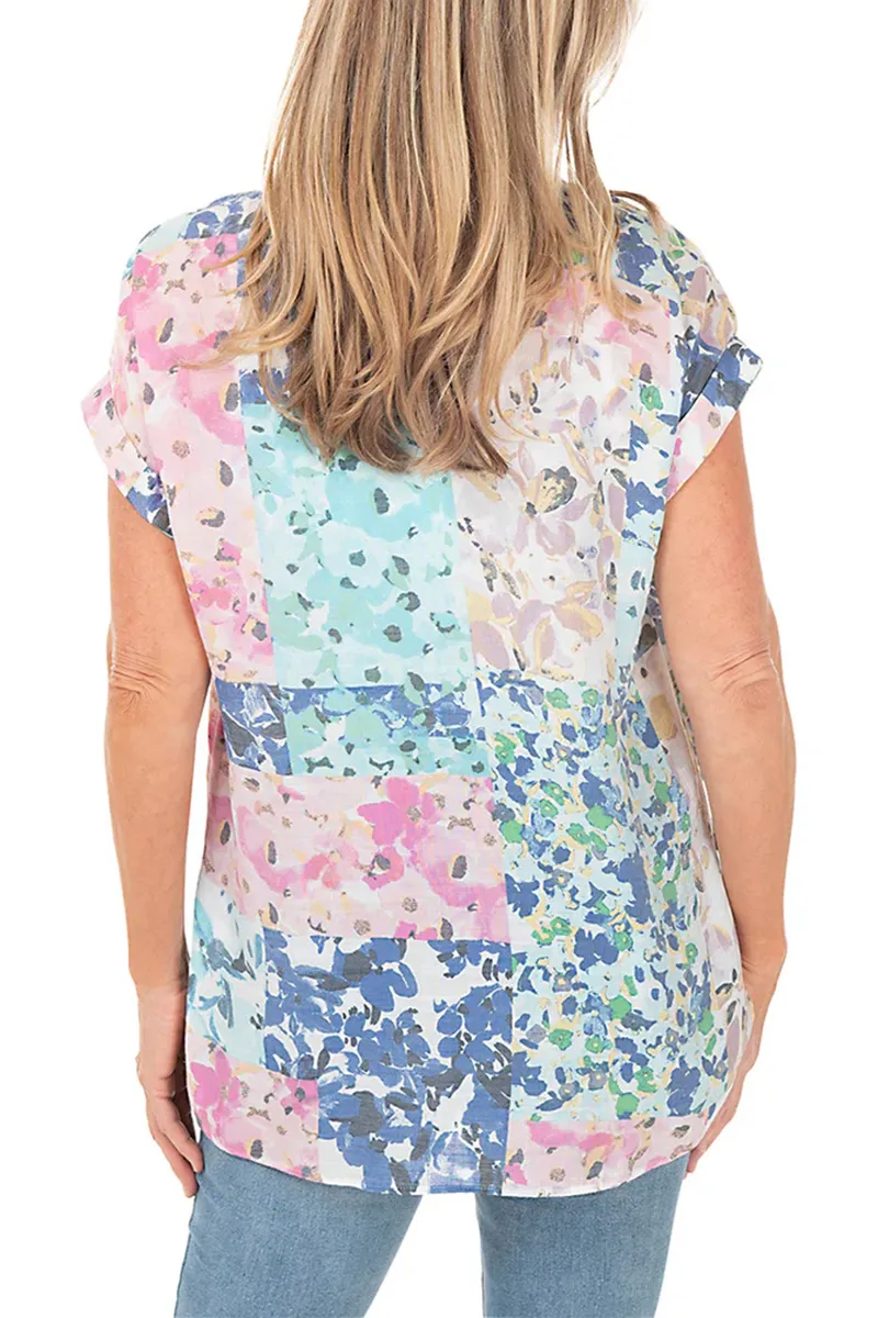Floral Patchwork Rolled Dolman Sleeve Shirt