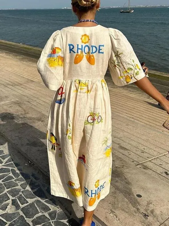 Folk Floral Print Puff Sleeve Midi Dress