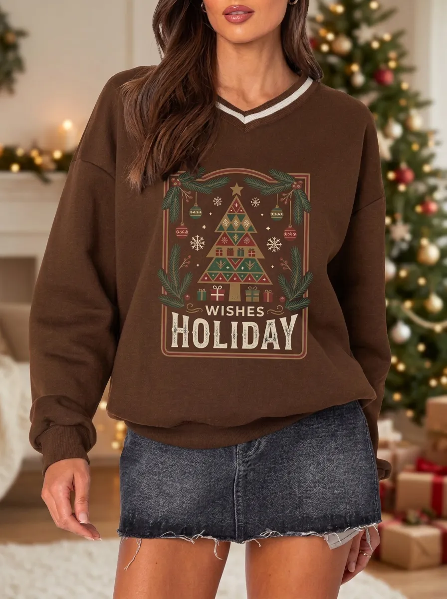 Christmas Holiday Tree Wishes Print Sweatshirt