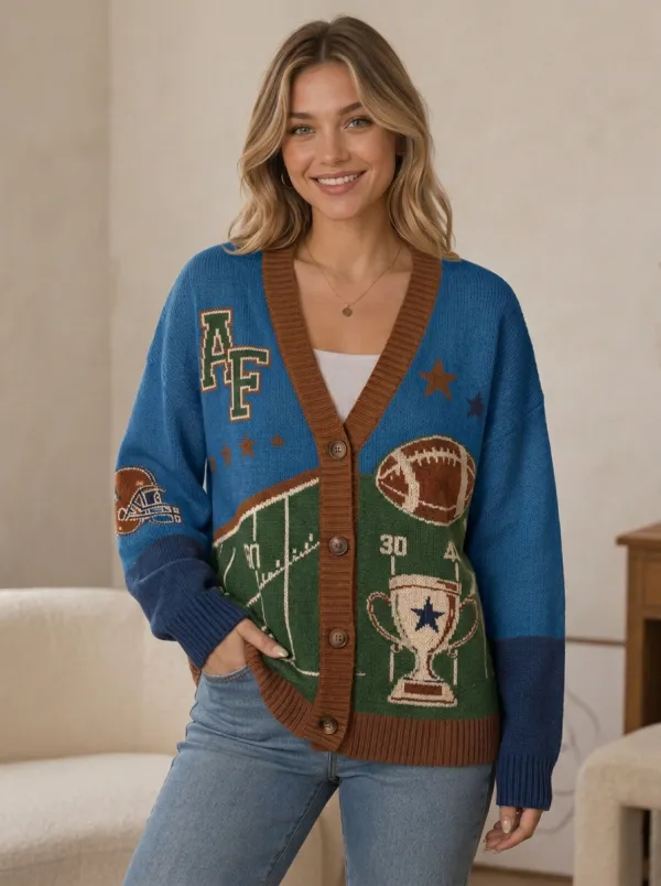 Women's Football Fan AF Trophy Helmet Pattern Knitted Cardigan