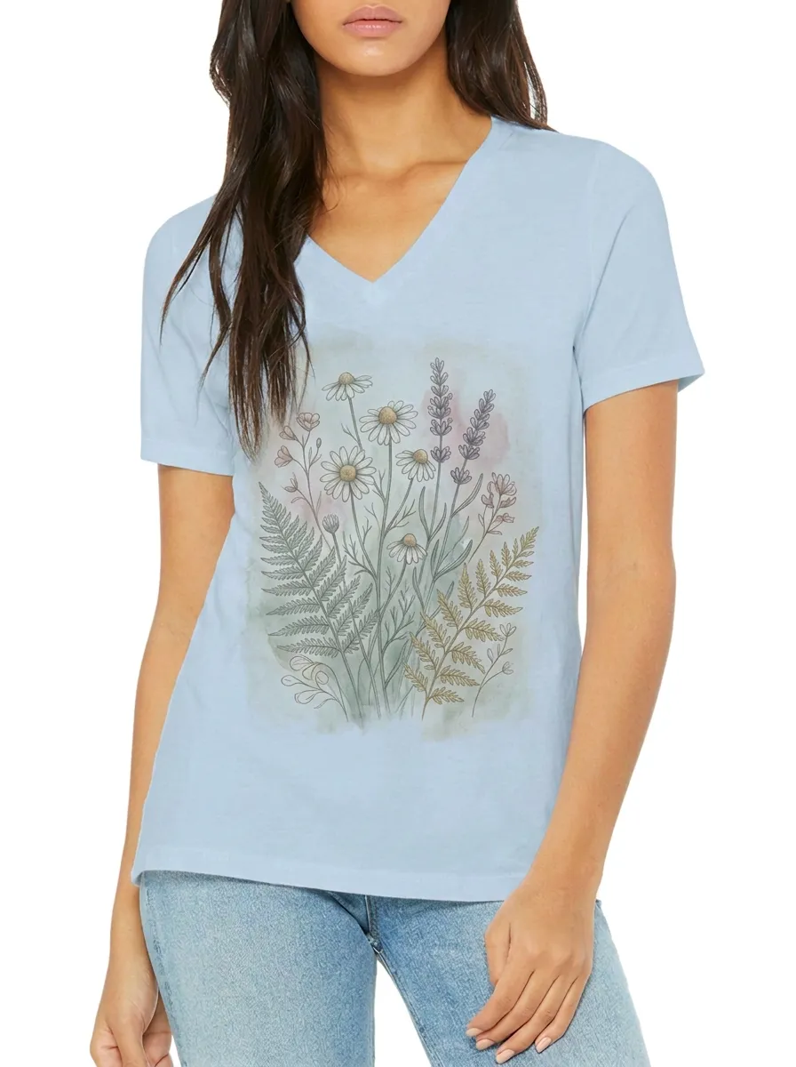 Women's Botanical Nature Lover Daisy Lavender Fern Printed V-neck T-shirt