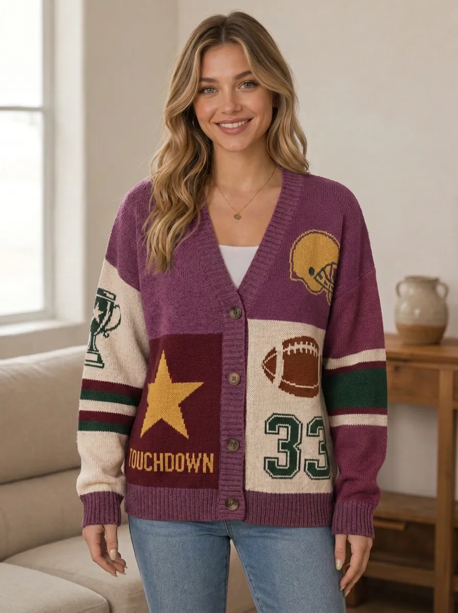 Women's Gridiron Touchdown Helmet Star Number Knit Cardigan
