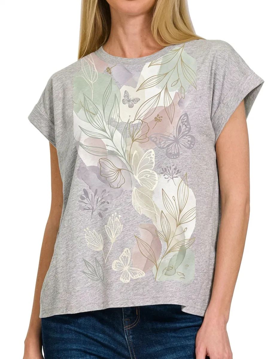 Women's Botanical Butterfly Watercolor Printed T-shirt
