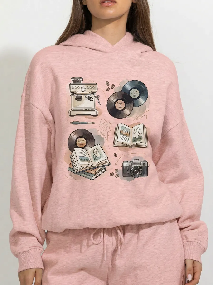 Women's Coffee Vinyl Book Camera Aesthetic Printed Hoodie