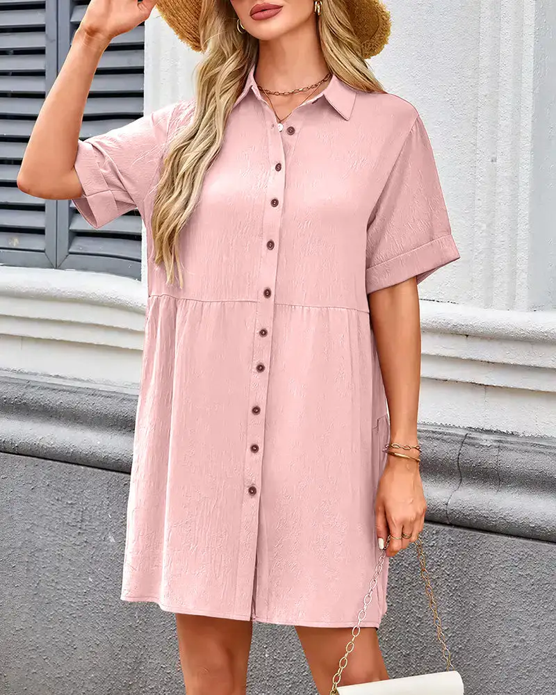 Effortless Button-Down Short Sleeve Shirt Dress With Pockets