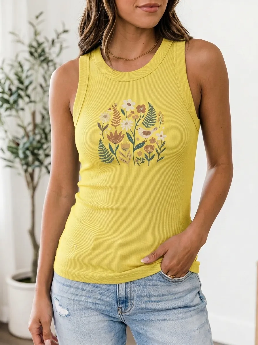 Women's Nature Lover Floral Bird Printed Ribbed Tank Top