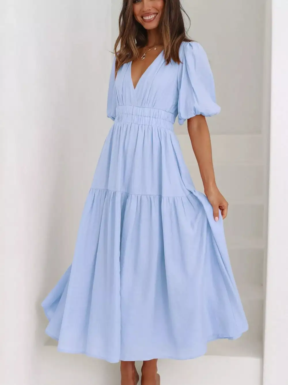 V Neck Puff Sleeve Midi Dress