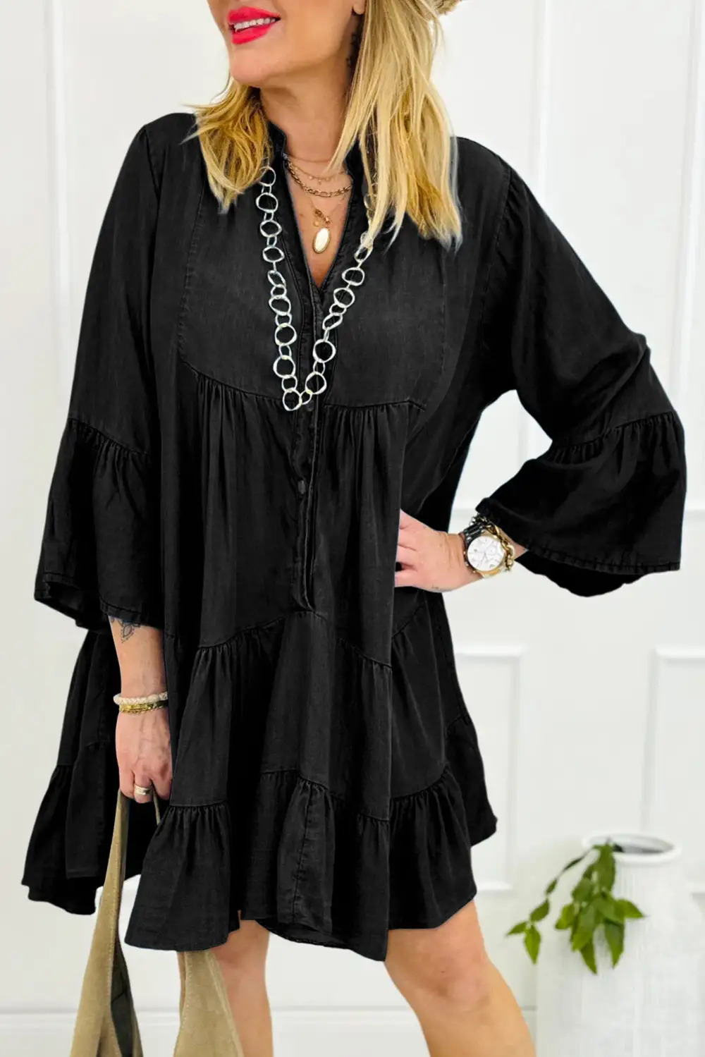 Casual Ruffle Trim Tiered Tie Detail Mini Dress