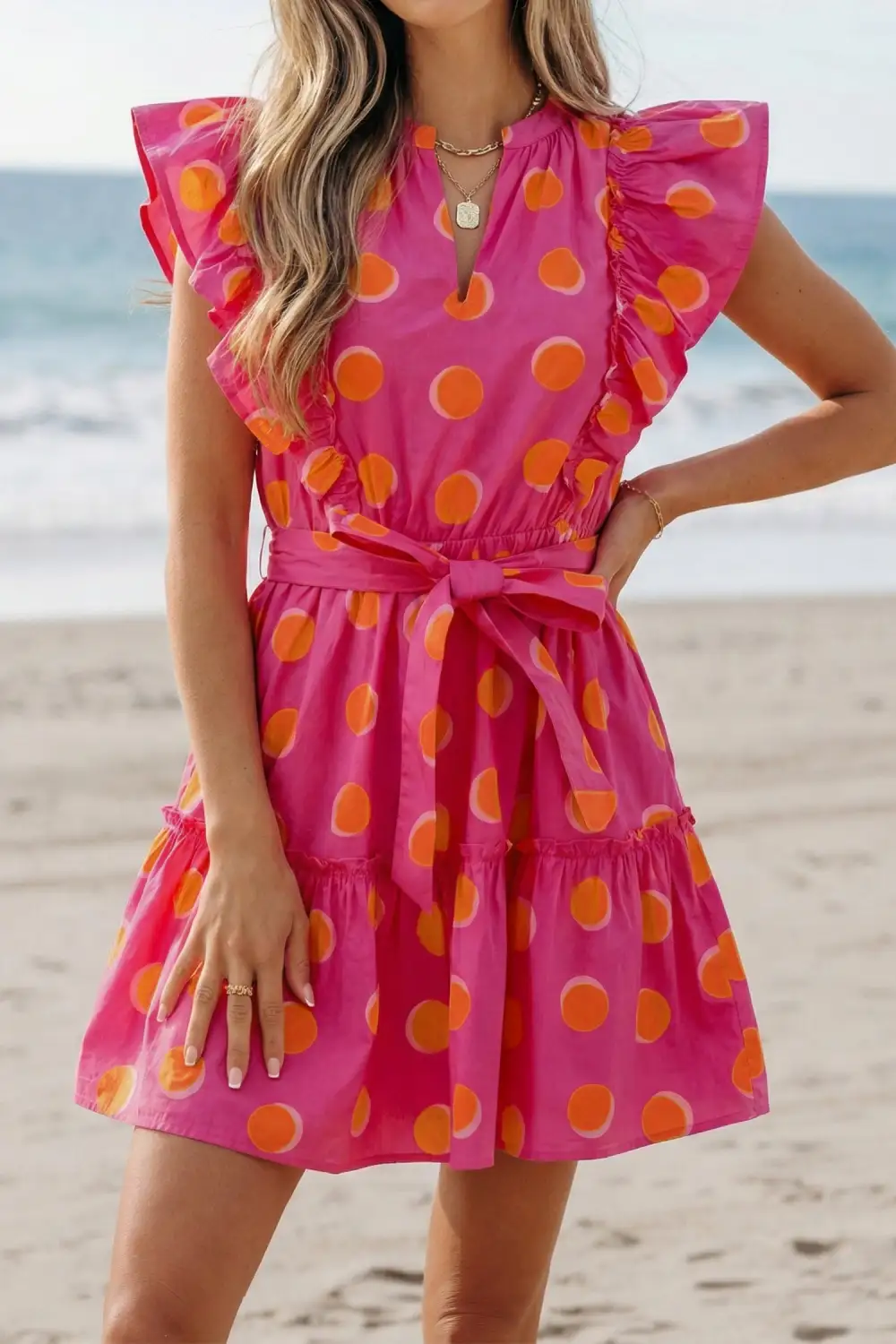 Polka Dot Ruffle Trim V-Neck Mini Dress