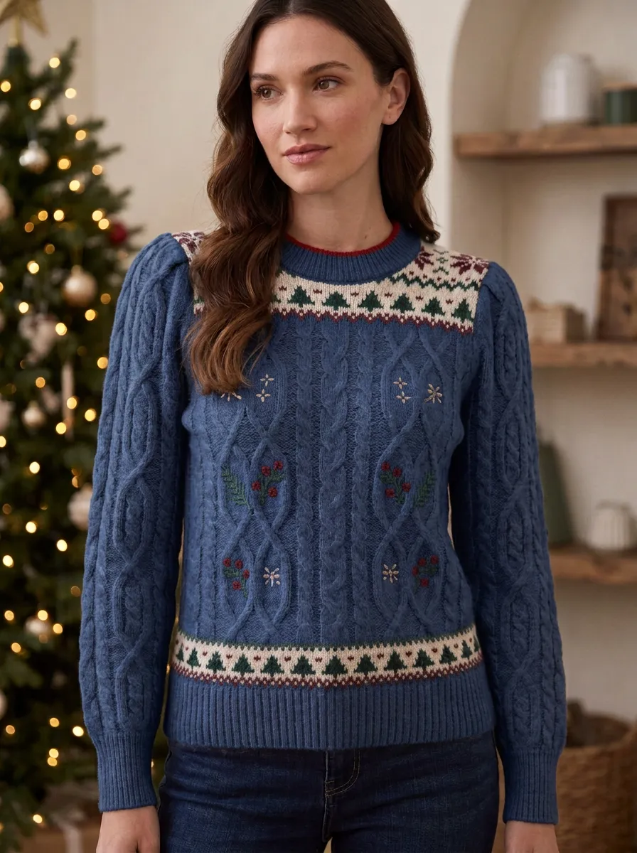 Christmas Holiday Fair Isle Berry Tree Patterned Knit Sweater