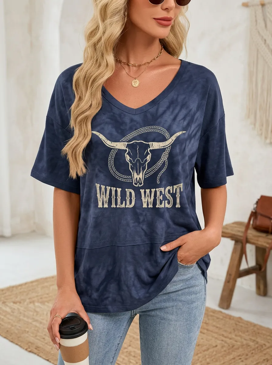 Women's Wild West Cow Skull Tie-Dye Printed T-shirt
