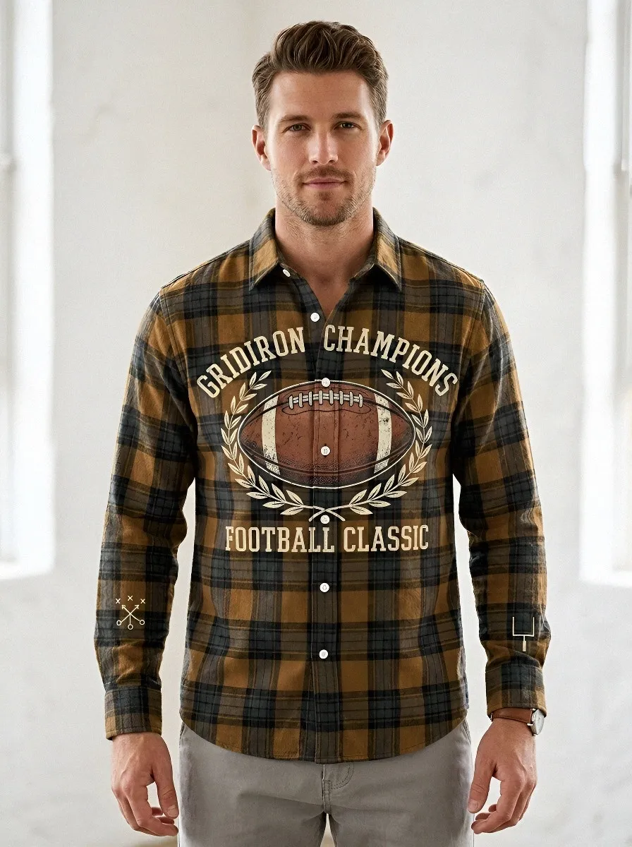 Men's American Football Gridiron Champions Printed Plaid Shirt