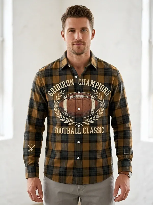 Men's American Football Gridiron Champions Printed Plaid Shirt