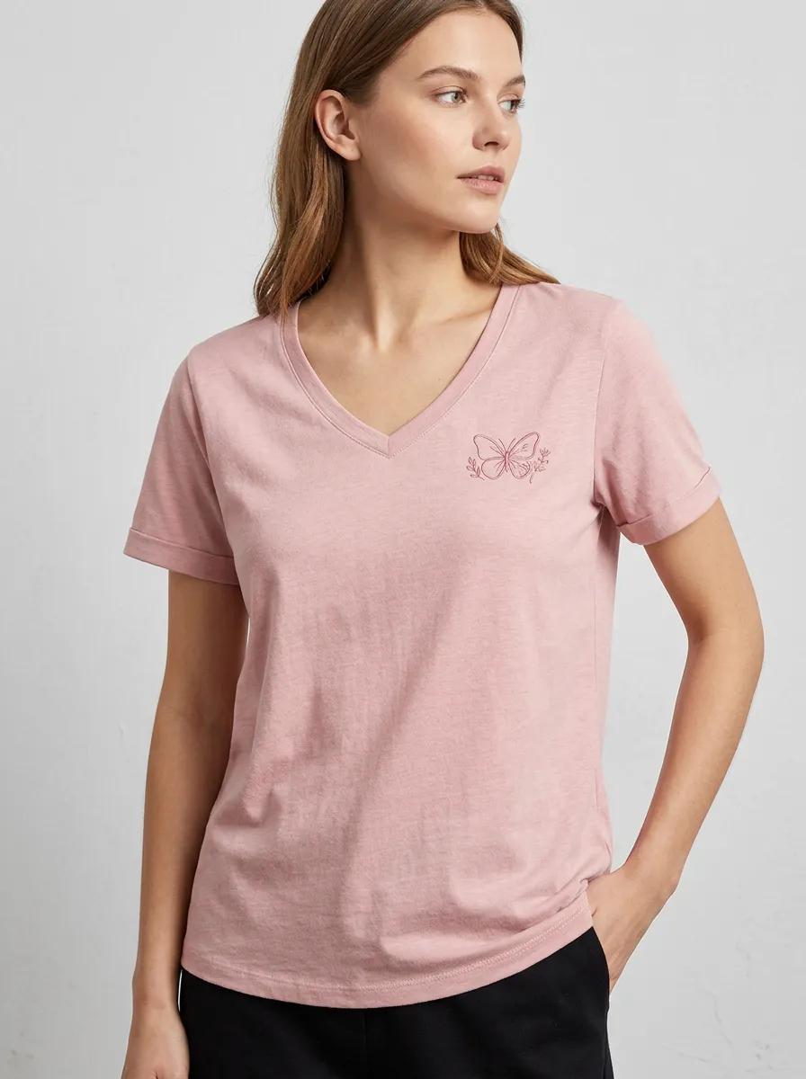 Women's Butterfly Nature Lover Minimalist Printed V-neck T-shirt