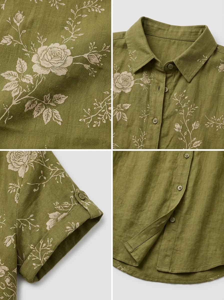 Women's Floral Botanical Rose Printed Short Sleeve Shirt