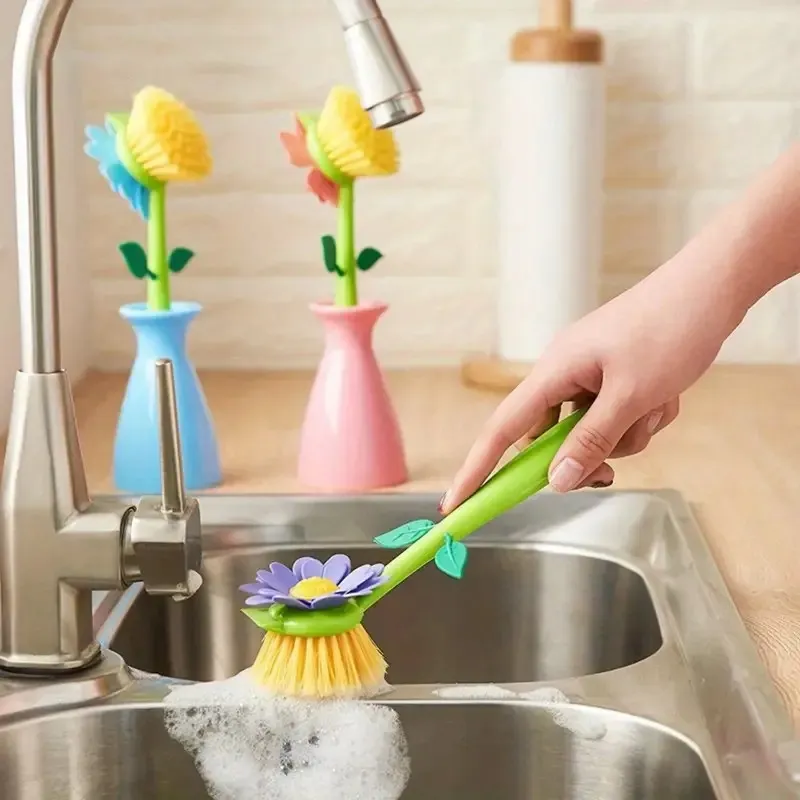 A 3-Piece Soft Flower-Shaped Kitchen Cleaning Brush Set