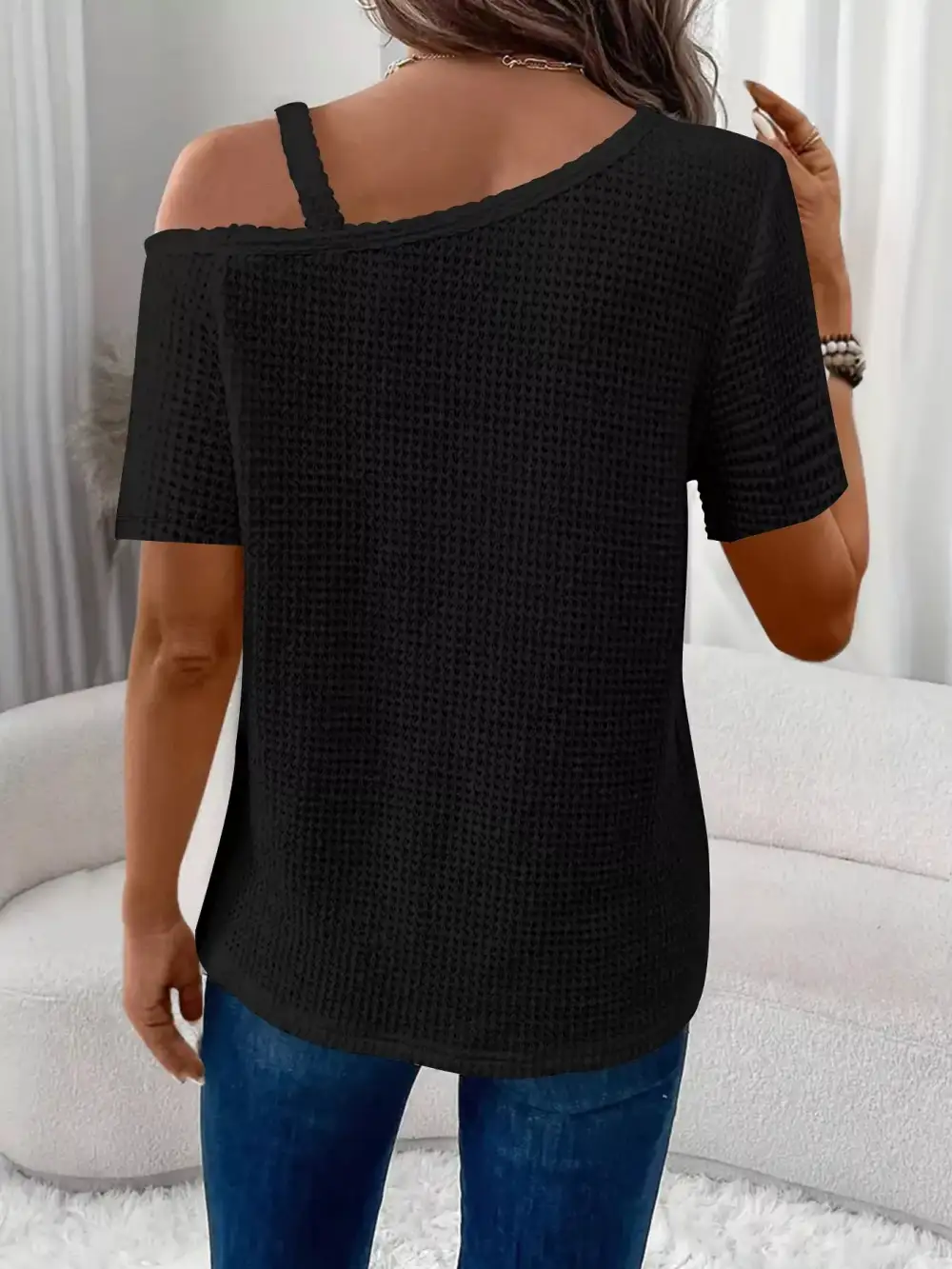One Shoulder Chain Detail Waffle Knit Blouse