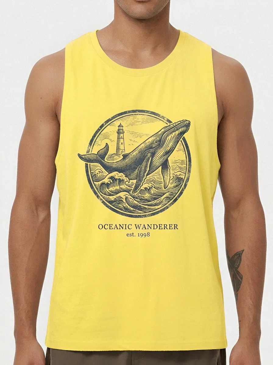Men's Nautical Ocean Whale Lighthouse Printed Tank Top