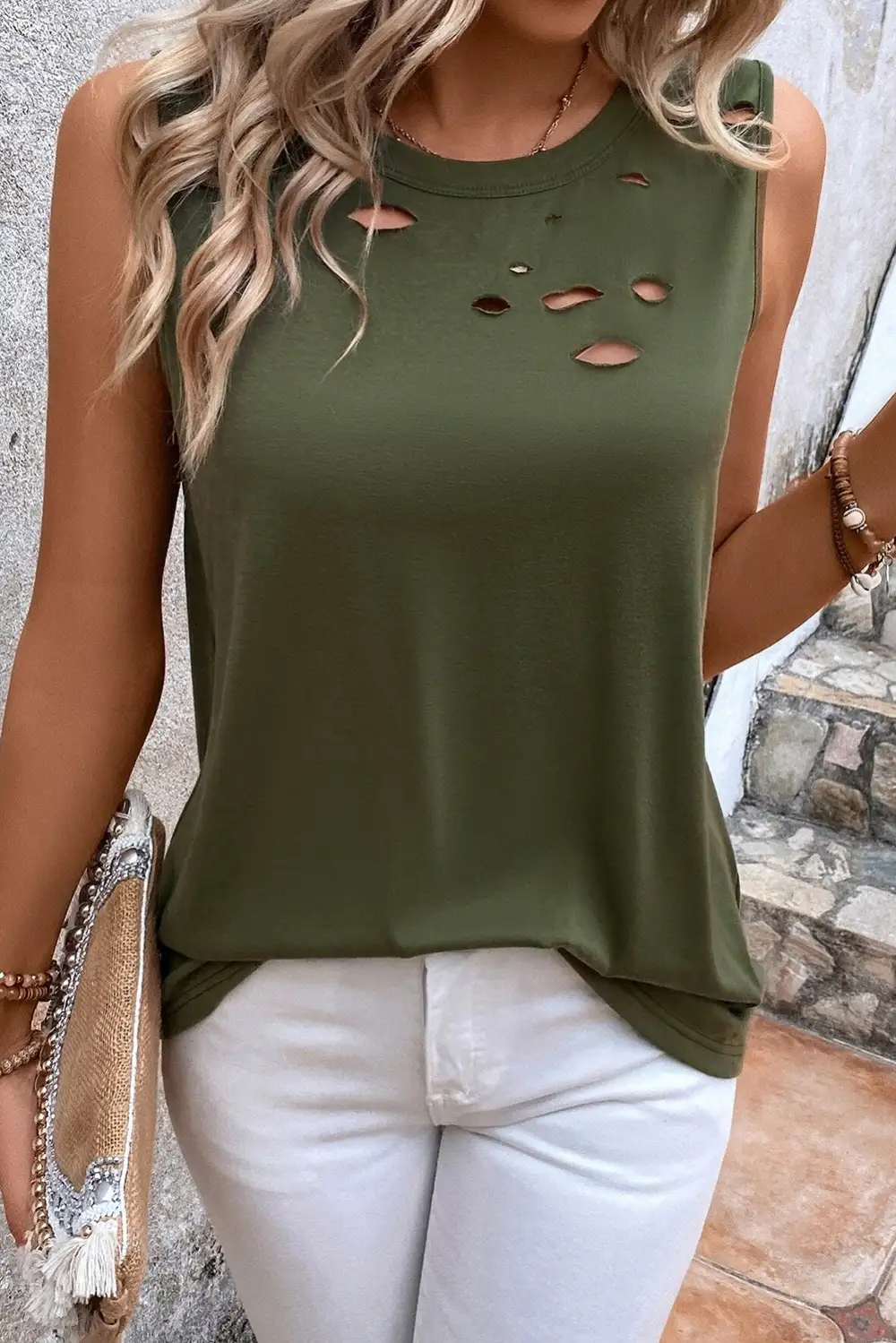 Jungle Solid Color Distressed Holes Crew Neck Tank Top