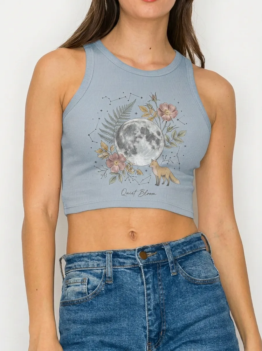 Women's Floral Moon Printed Ribbed Crop Top