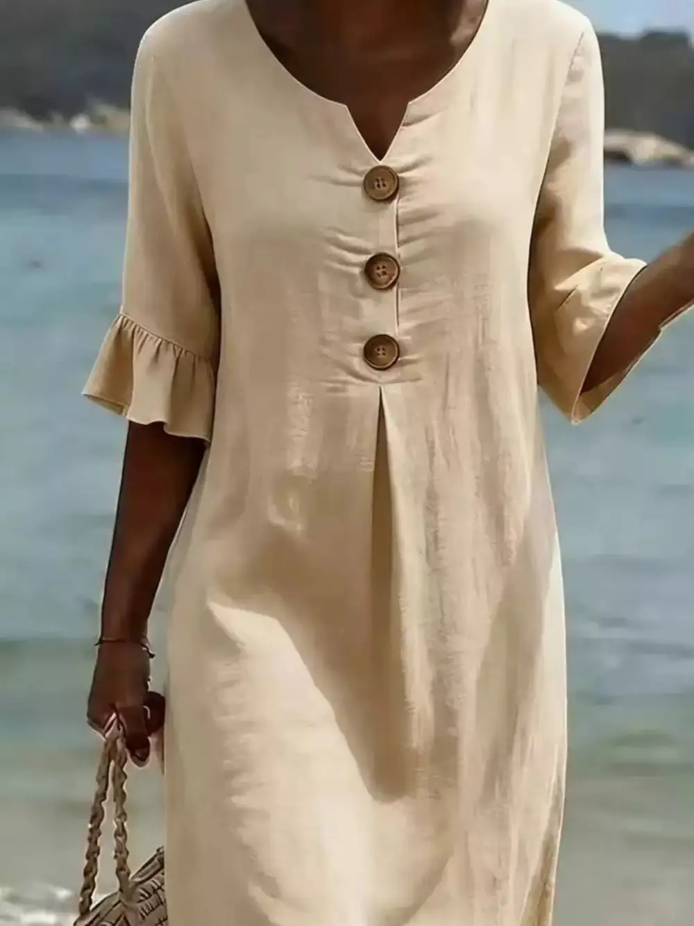 Button Decor Ruffle Sleeve Midi Dress
