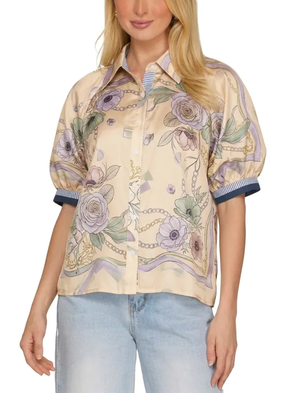 Women's Floral Chain Pattern Printed Button Down Shirt