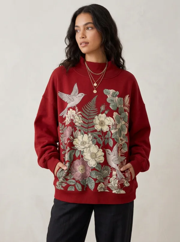 Women's Nature Lover Hummingbird Floral Botanical Printed Sweatshirt